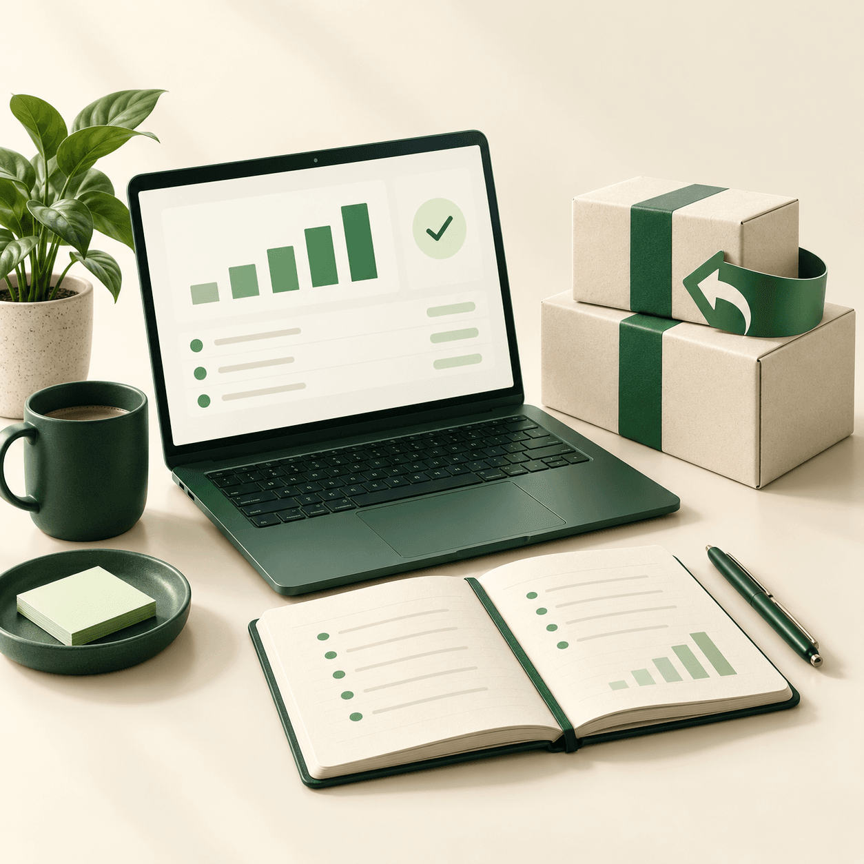 An illustrated operator’s workbench connects shipping parcels, a ledger and delivery analytics.
